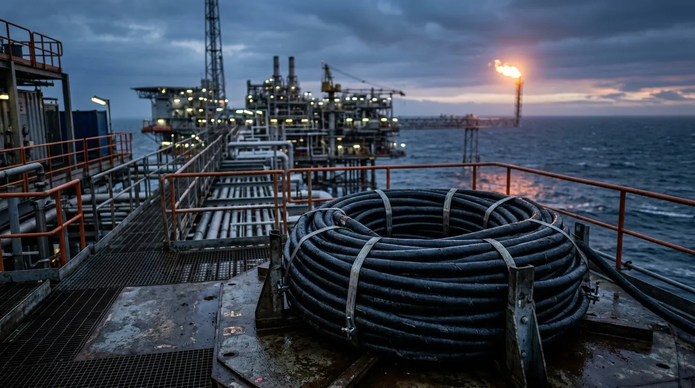 Heavy armored fiber optic cable coiled on a refinery pipe rack against offshore production platforms at dusk