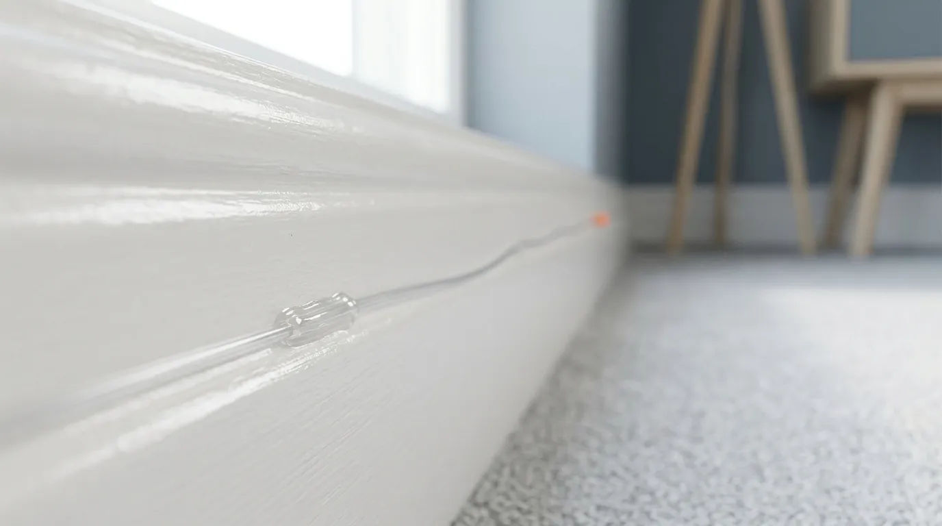 Nearly invisible transparent fiber optic cable routed along a white baseboard in a bright modern living room