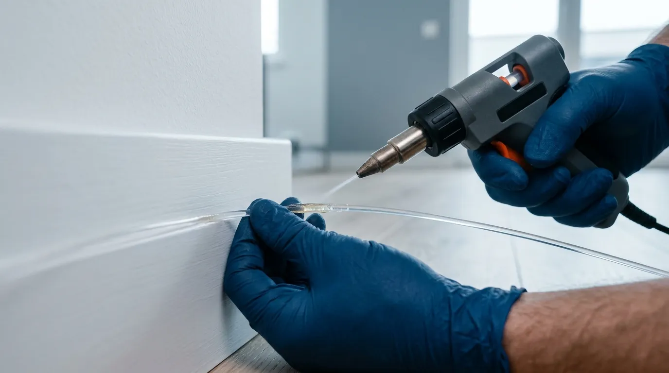 Handheld hot-melt applicator heating the adhesive side of a transparent fiber optic cable, technician's gloved hand steadying it, photorealistic industrial photography
