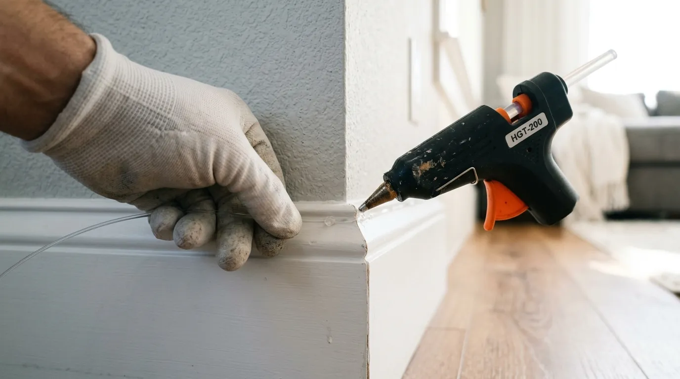 Technician's gloved hand pressing a transparent fiber optic cable onto a white baseboard with a handheld hot-melt applicator, photorealistic industrial photography